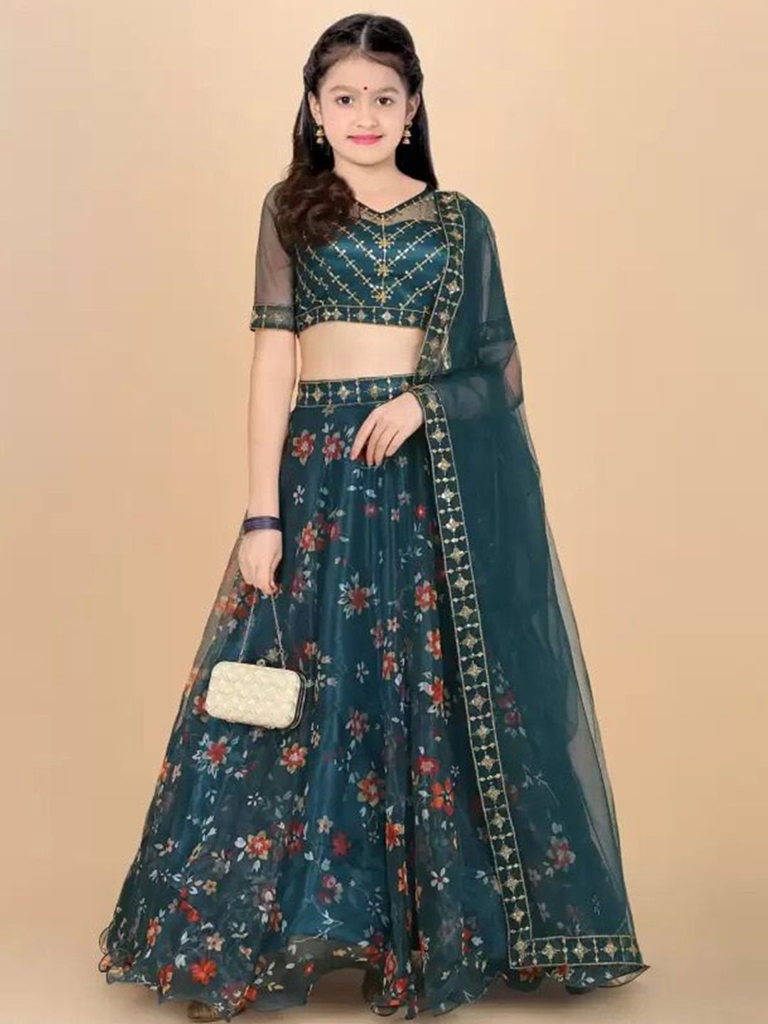 BAESD Girls Floral Embroidered Semi-Stitched Lehenga & Unstitched Blouse With Dupatta