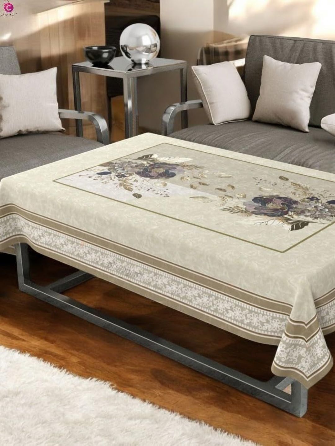 CASA-NEST Beige Floral 4-Seater Velvet Table Cover