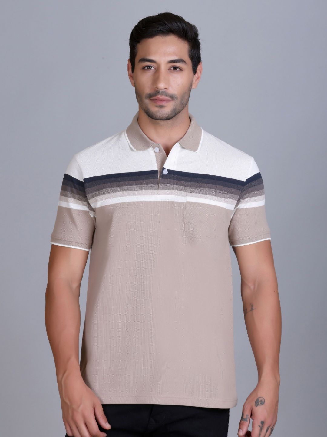 SANE ORIGINALS Men Striped Polo Collar Pockets T-shirt