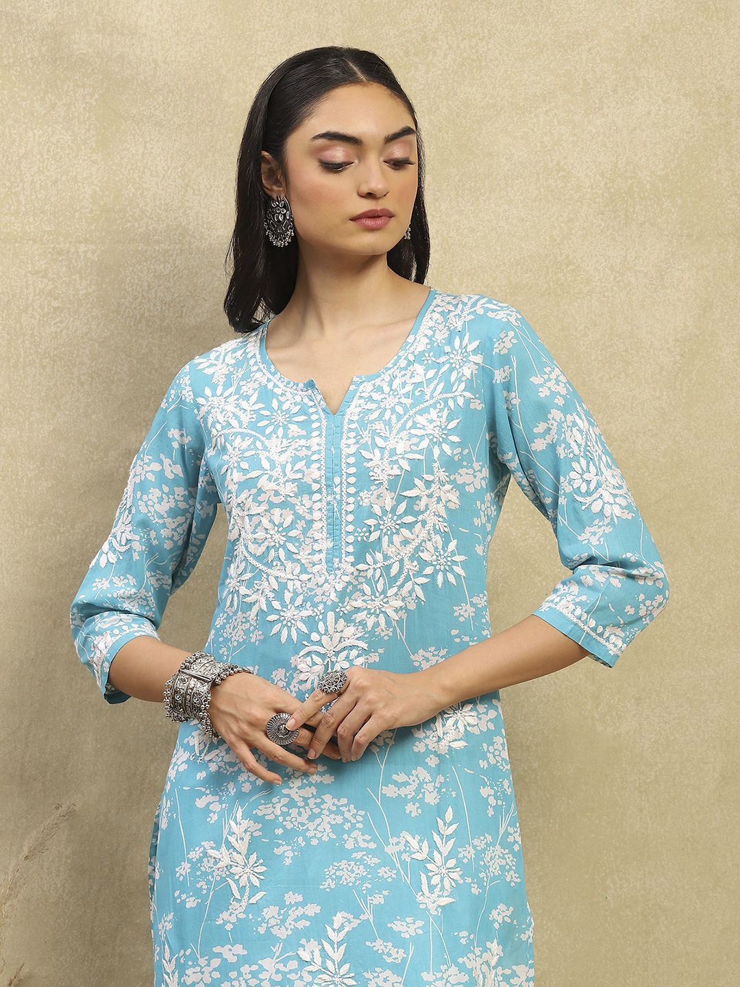 Women Floral Ethnic Kurtas House of Chikankari Women Turquoise Blue Mulmul Chikankari Embroidered Kurta