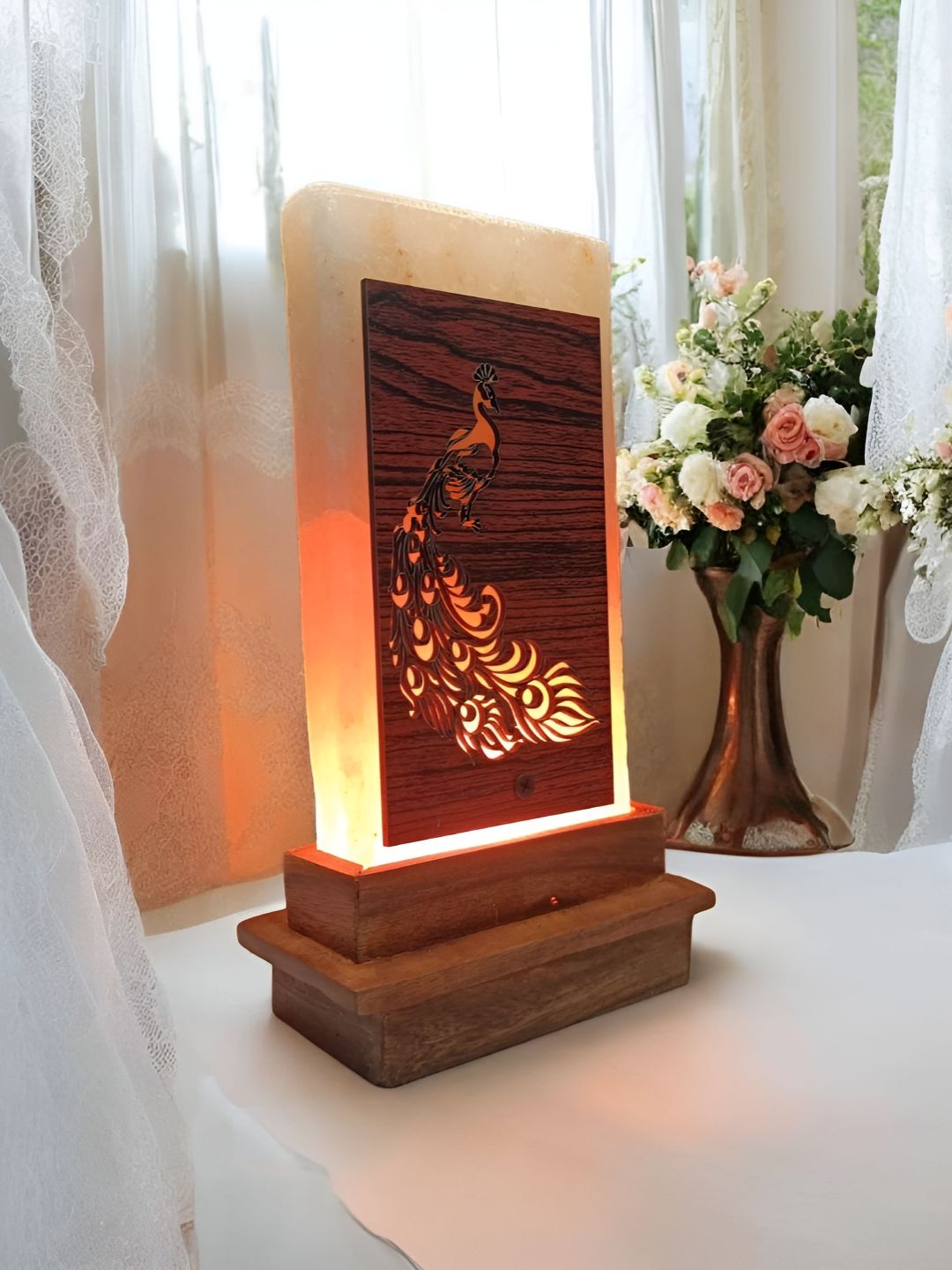 GLOBAL AROMA Red Wood Rectangle Textured High Quality Electrical Table Lamps