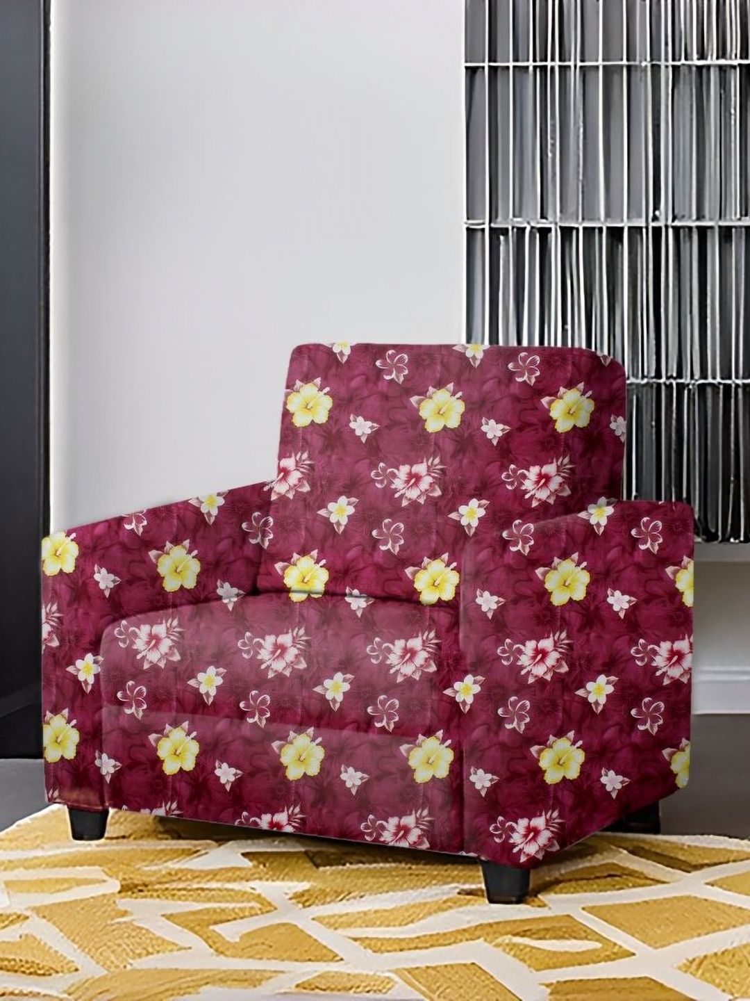 Stylista Red Floral Lycra Stretch Fit Straight Single Seater Sofa Protector-40x40x65In