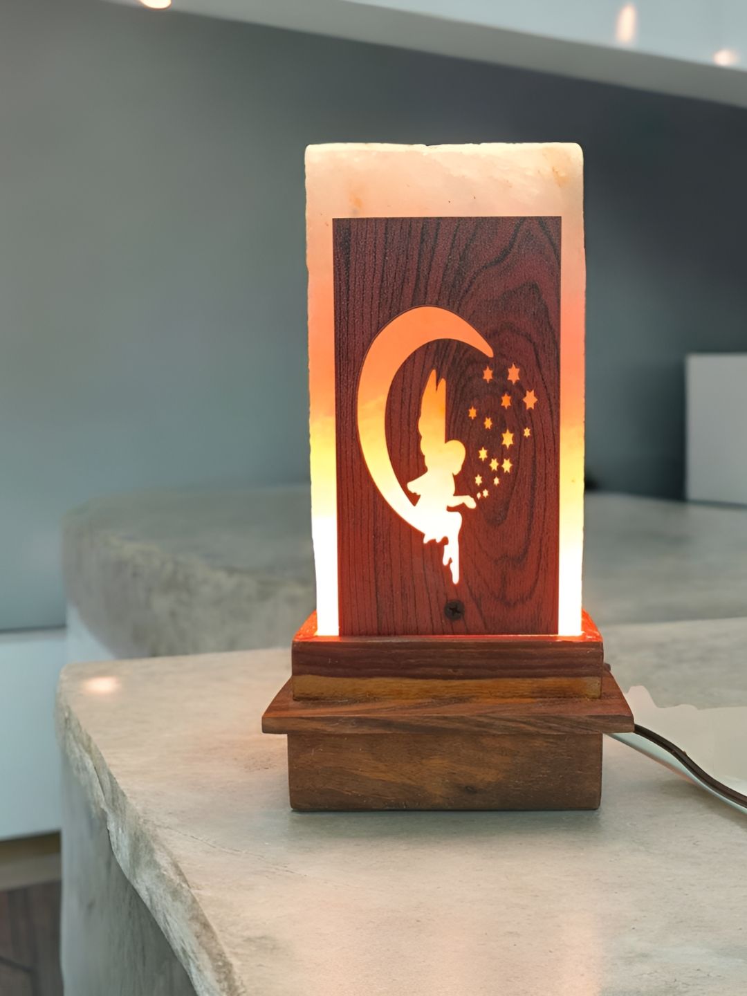 GLOBAL AROMA Basket Rock Salt Brown Wooden Fairy Square Table Lamp