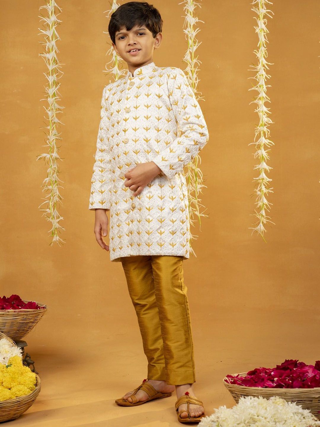 Jilmil Boys Floral Embroidered Mandarin Collar Satin Kurta With Pyjamas