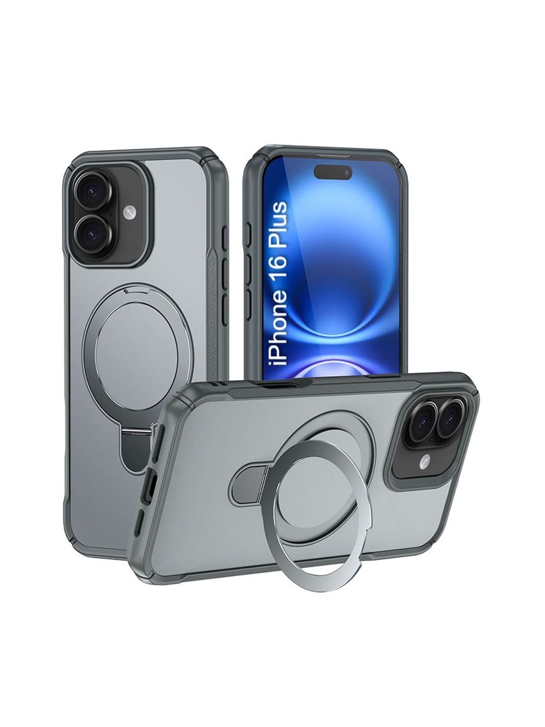 Luxury Kase Solid iPhone 16 Plus 360 Rotating Kickstand Mag-Safe Rugged Armor Back Case