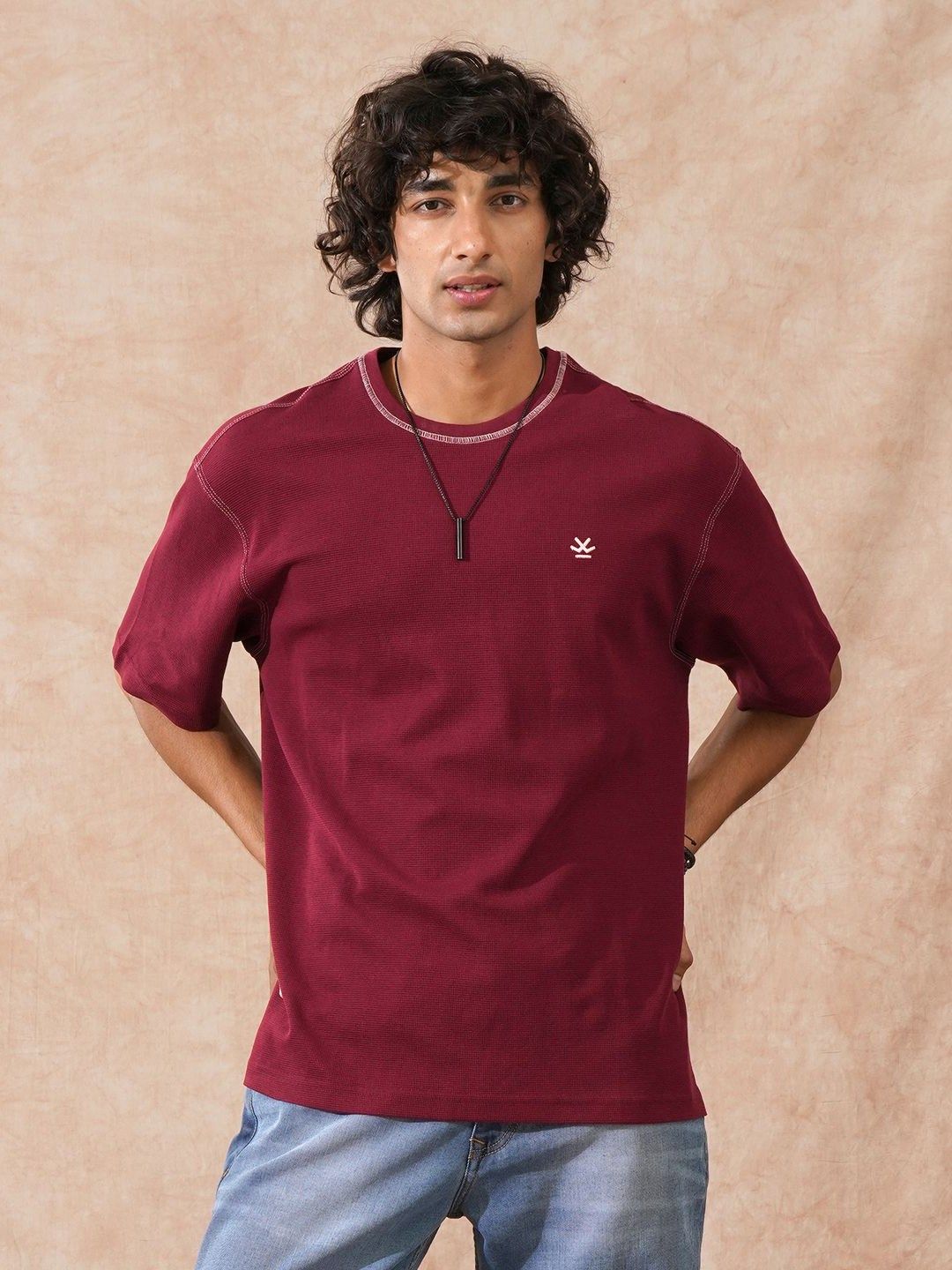 WROGN  Pure Cotton Short Sleeves Round Neck Oversized T-shirt