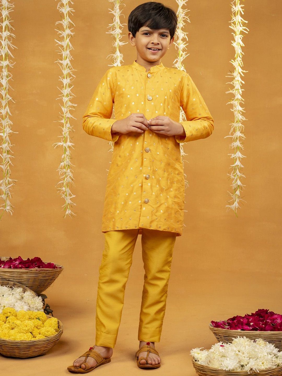 Jilmil Boys Woven Design Mandarin Collar Kurta with Pyjamas