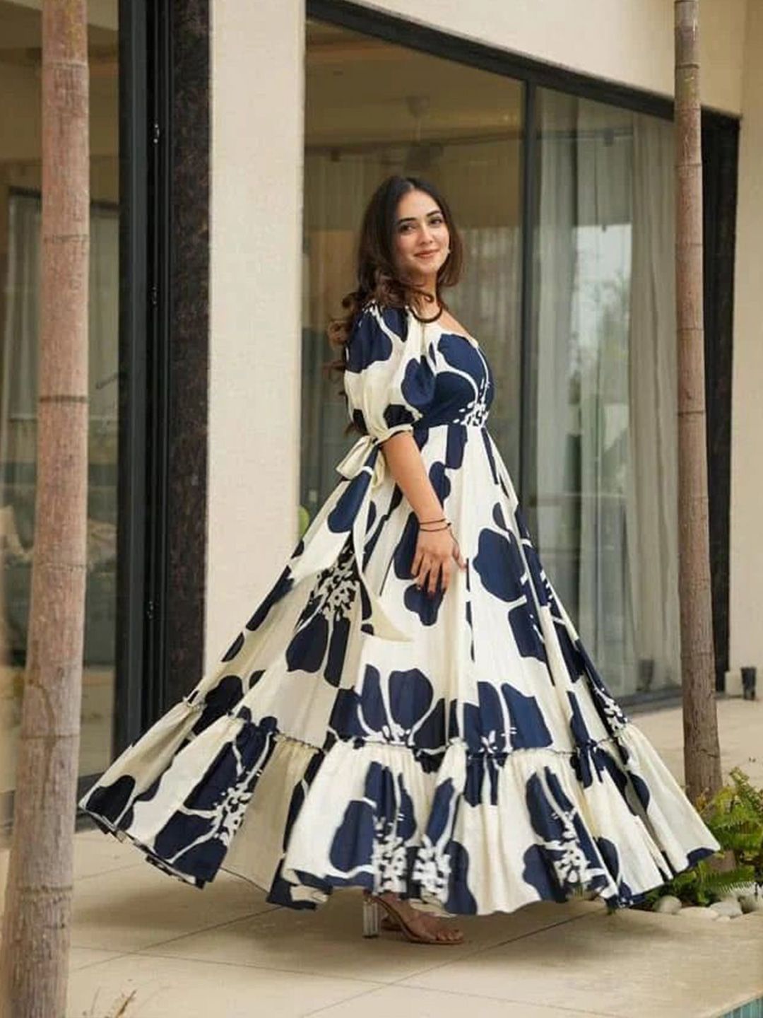 fitted lace wedding dress Buy Miravan Women's Floral Print Puff Sleeve Pure Cotton Fit Flare Magenta  Butterfly Maxi Dress Online At low Price main image 0
