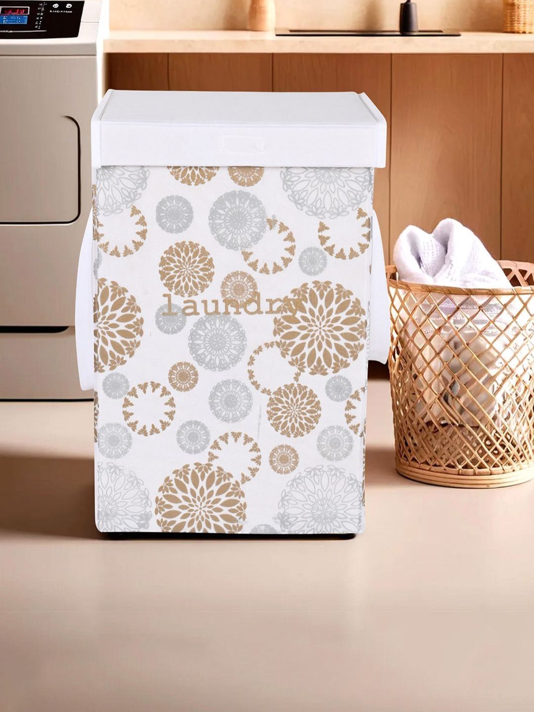 Myntra Elegant Homes White & Brown Printed Foldable Laundry Bags - 75 L