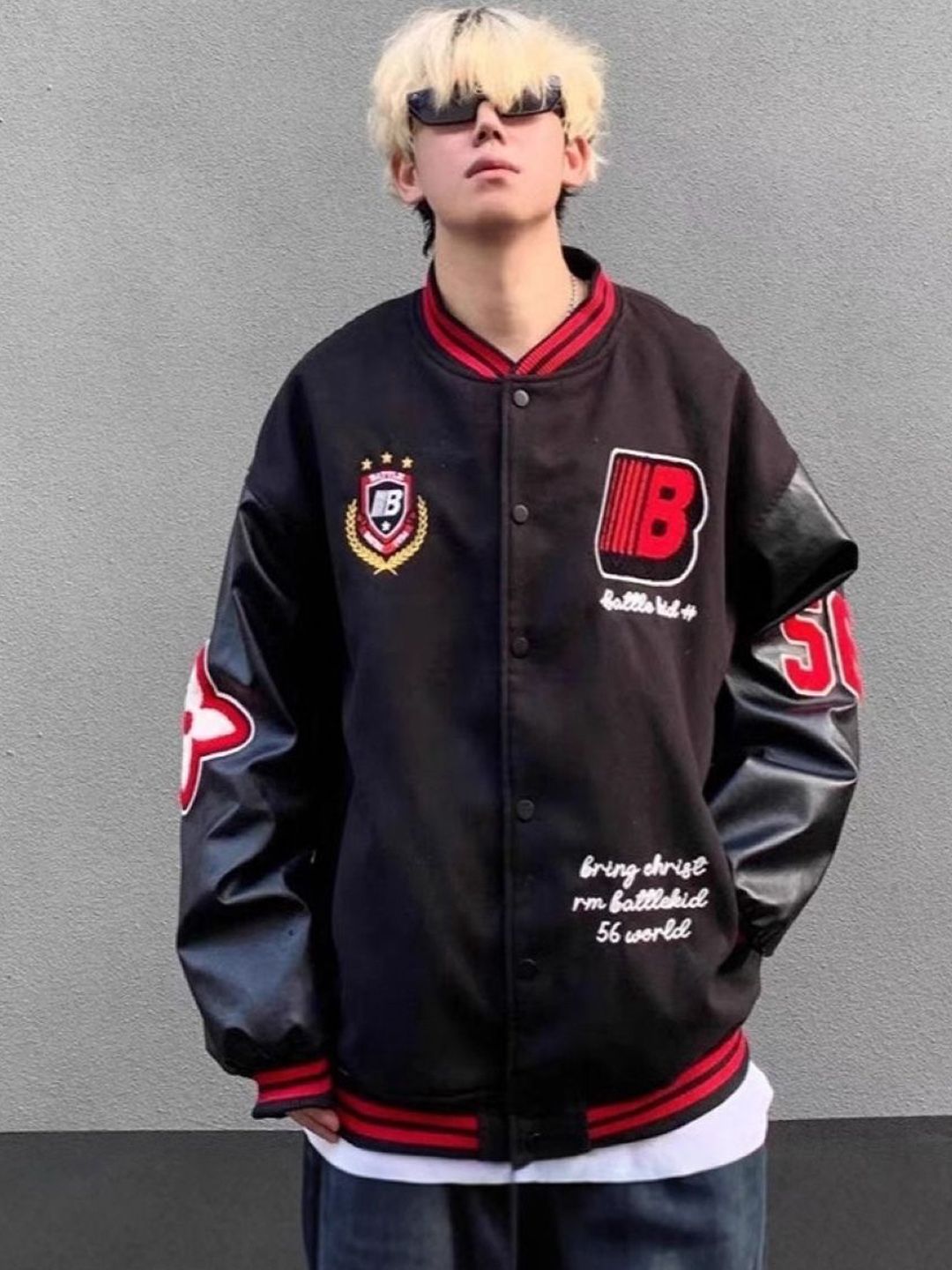 KPOP Men Typography Printed Embroidered Stand Collar Oversized Bomber Jacket