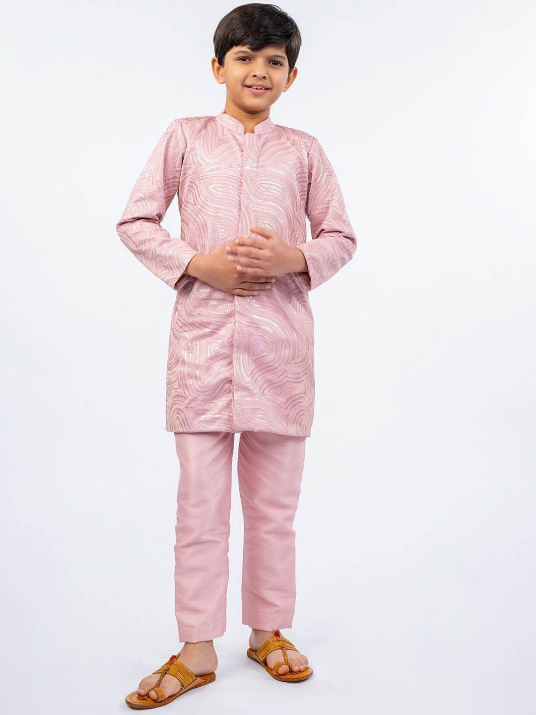 Jilmil Boys Sequinned Embroidered Mandarin Collar Kurta With Pyjamas