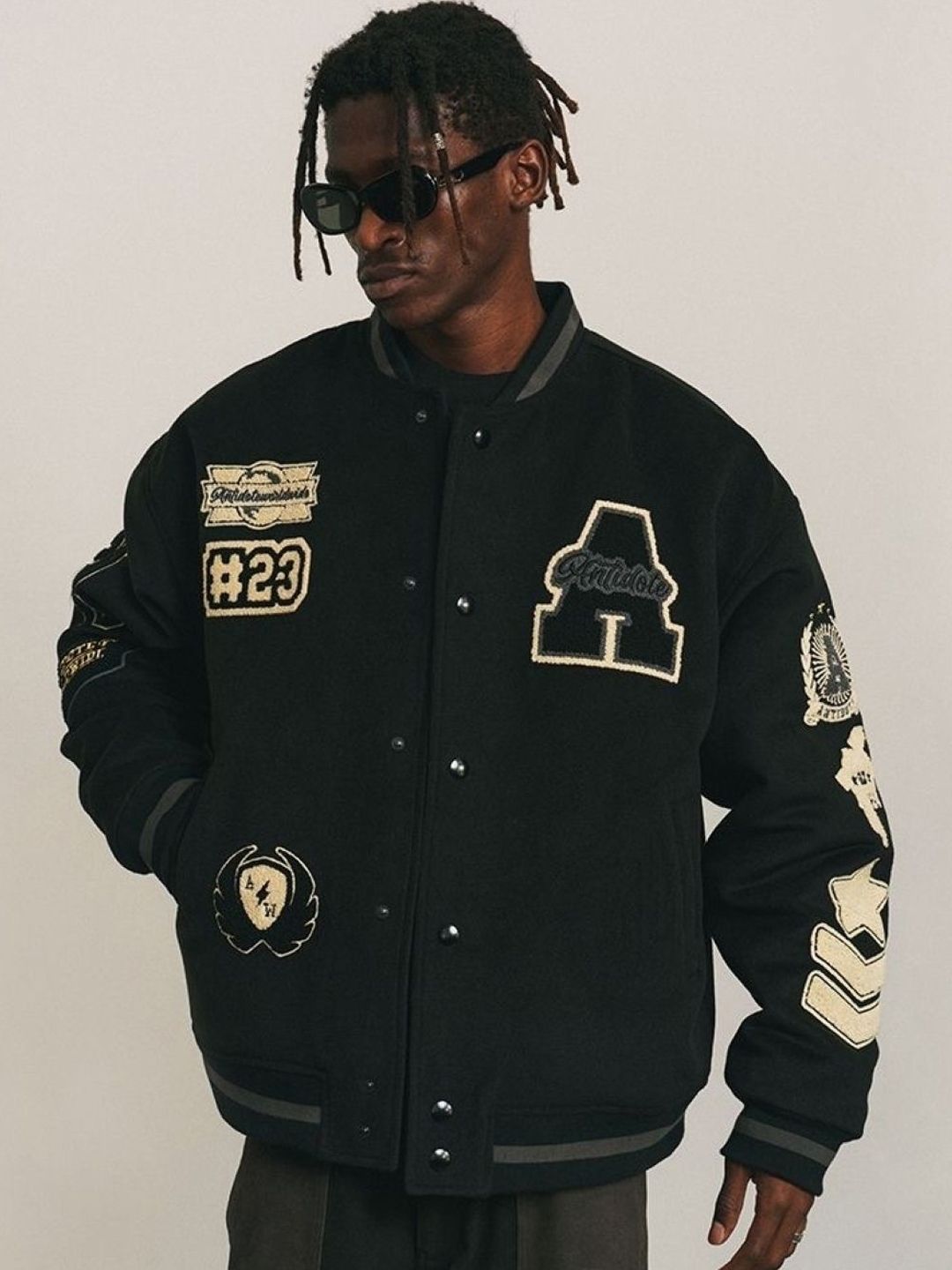 KPOP Men Typography Printed Embroidered Stand Collar Oversized Bomber Jacket
