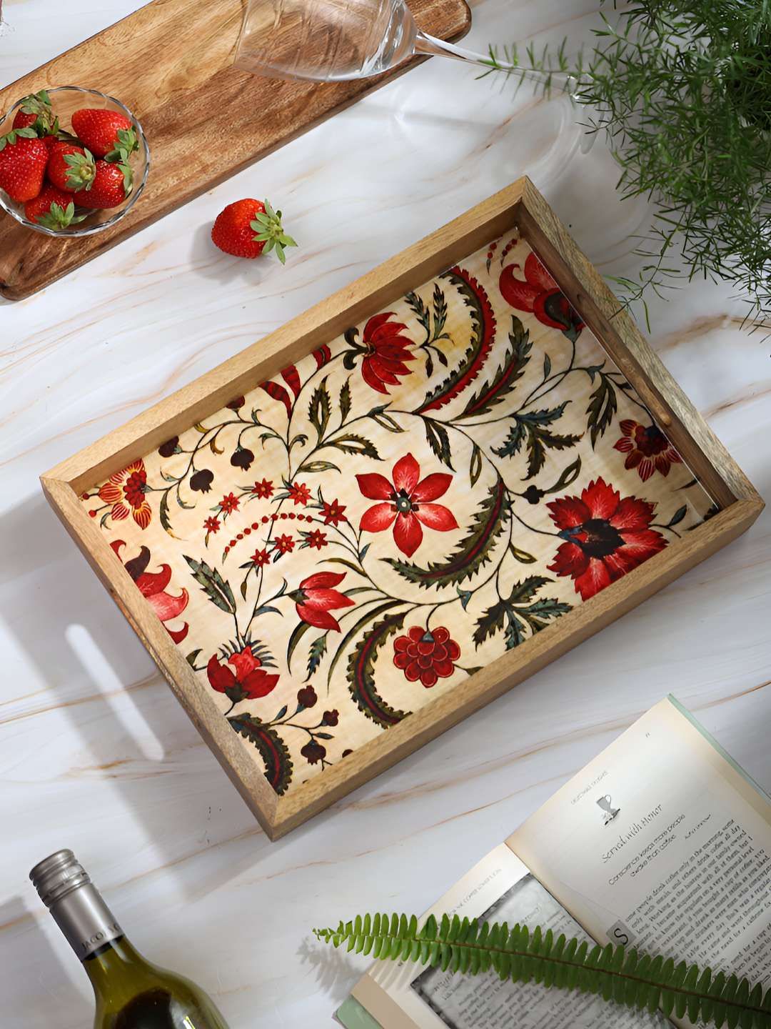 DULI Beige & Red Wood Easy to Clean Enamel Coated Multipurpose Serving Tray
