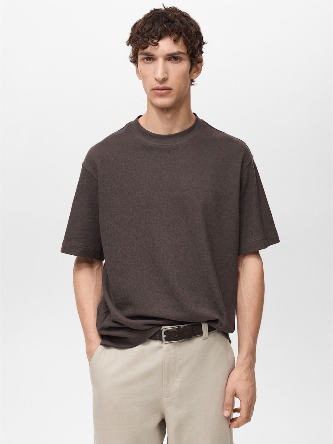 MANGO MAN Drop-Shoulder Sleeves Pure Cotton Relaxed Fit T-shirt