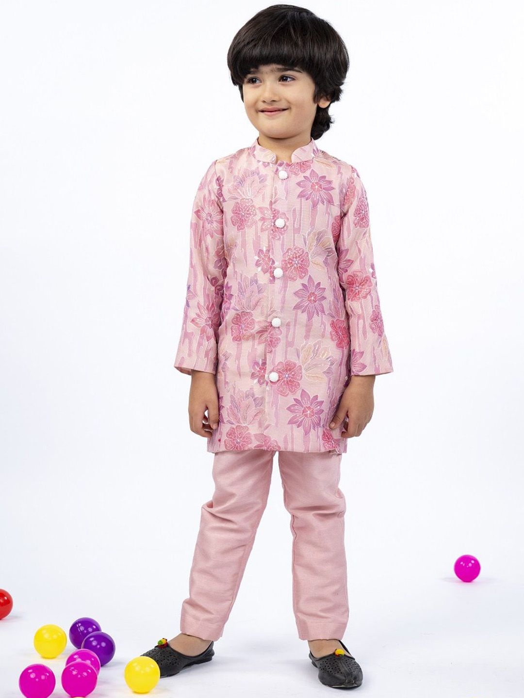 Jilmil Boys Floral Embroidered Regular Sequinned Silk Crepe Kurta with Pyjamas