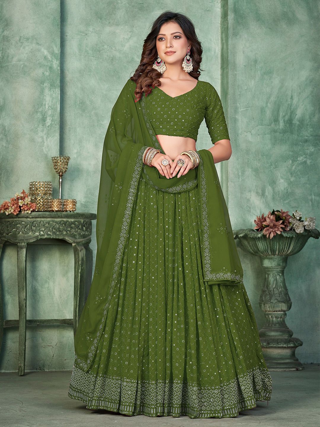 Warthy Ent Embroidered Sequinned Semi-Stitched Lehenga & Unstitched Blouse With Dupatta
