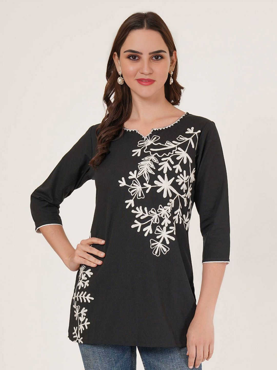 Brownverse Women Ethnic Motifs Embroidered Cotton Top