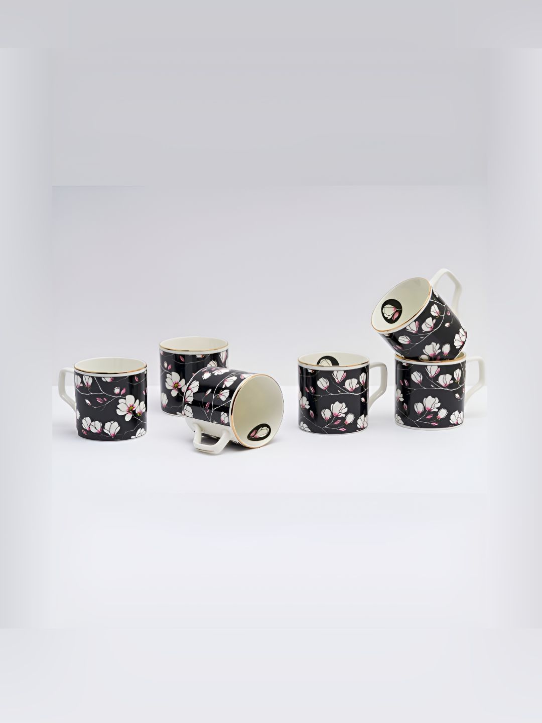 GOLDEN QUEEN'S Beautiful Home Black Floral Ceramic BPA Free 6 Piece Cups-275ml