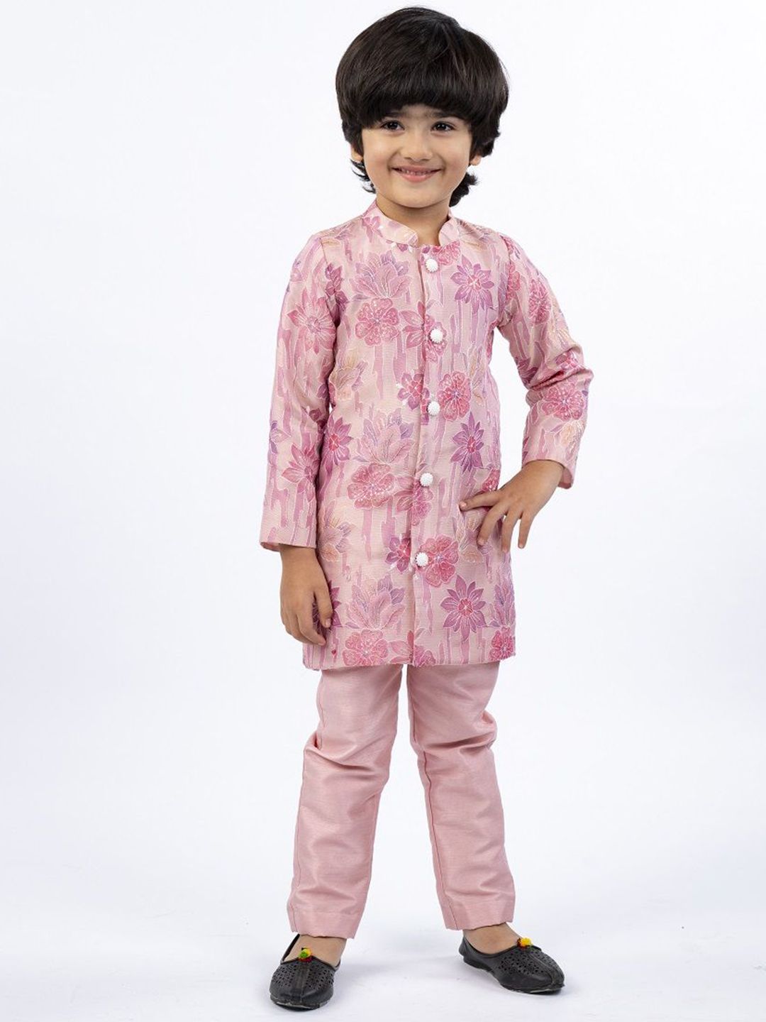 Jilmil Boys Floral Printed Mandarin Collar Kurta With Pyjamas