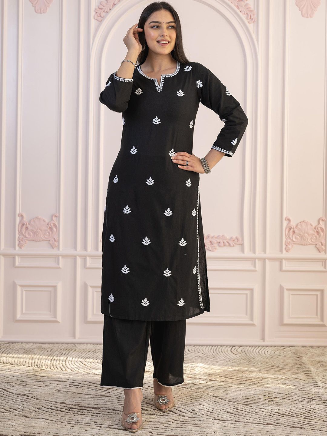 Juniper Women Ethnic Motifs Embroidered Thread Work Pure Cotton Kurta with Palazzos
