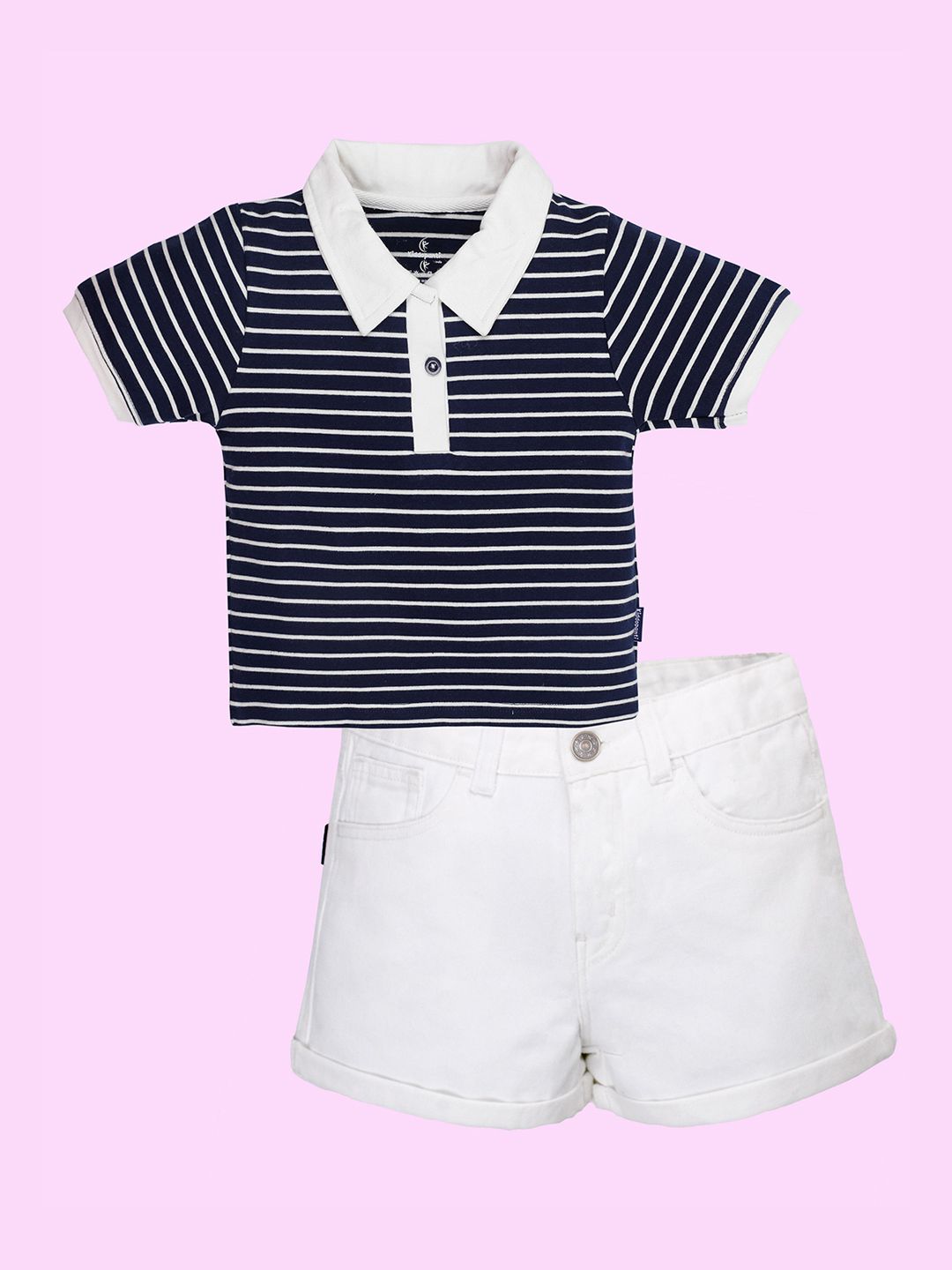 KiddoPanti Girls Crop Length Polo Tee and  Rollup Denim Shorts