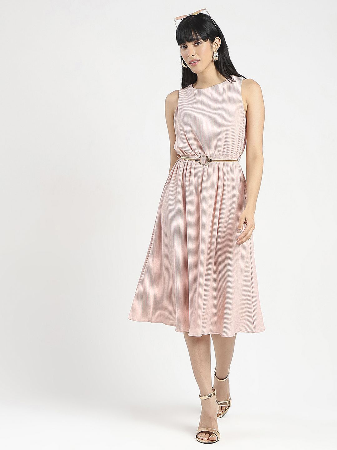 Madame Madame Women Solid A-Line Midi Dress with Belt