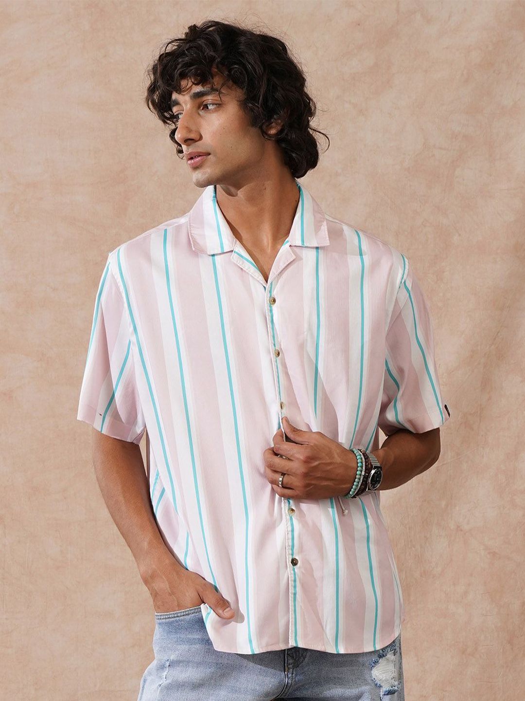 WROGN Men Comfort Fit Vertical Striped Cuban Collar Cotton Casual Shirt