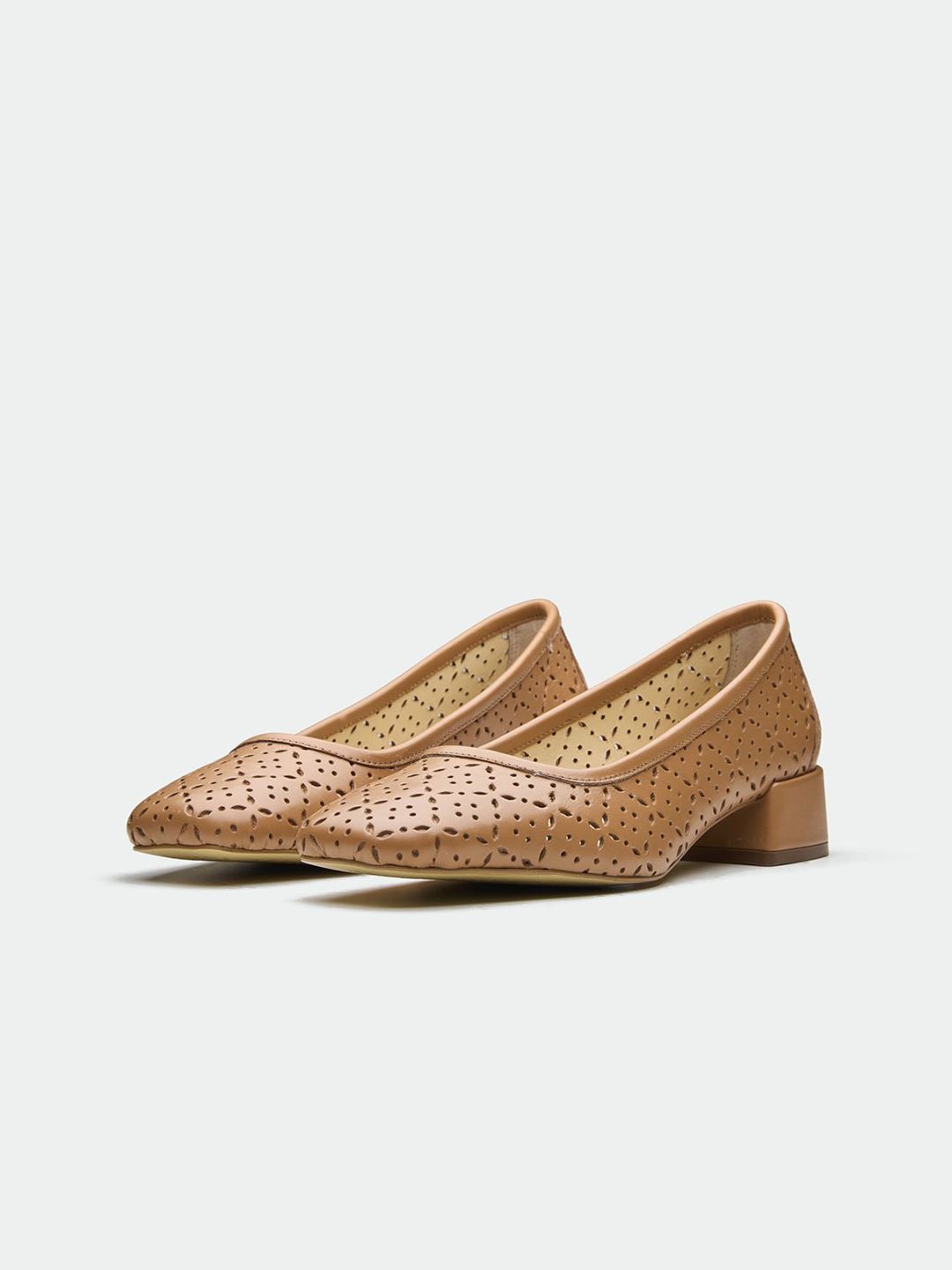 Women Leather Block Heel Pumps Oroh London Women Leather Block Heel Square Toe Laser Cuts Pumps