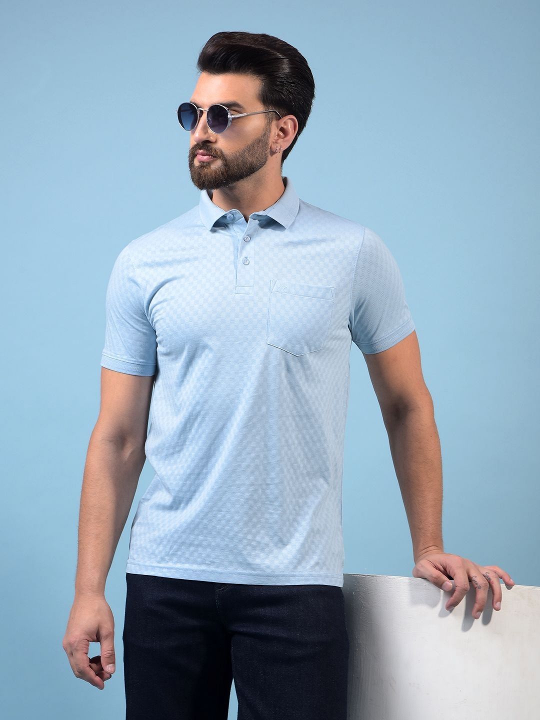 Crimsoune Club Geometric Printed Polo Collar Slim Fit Cotton T-shirt
