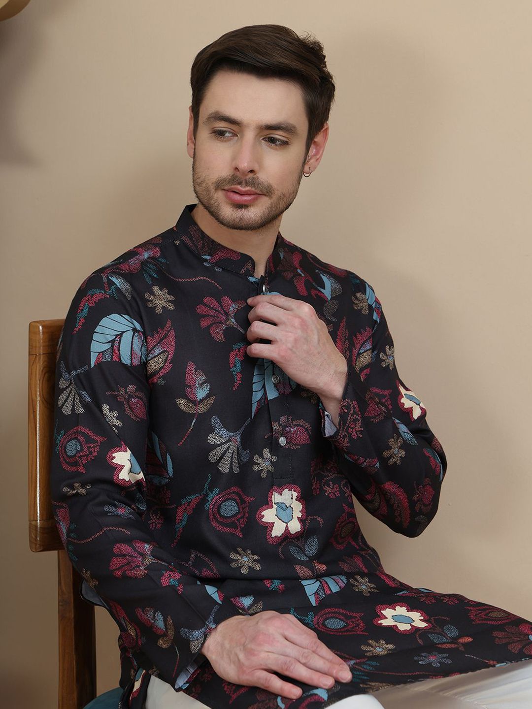 Anouk Rustic Men Floral Printed Thread Work Cotton Kurta