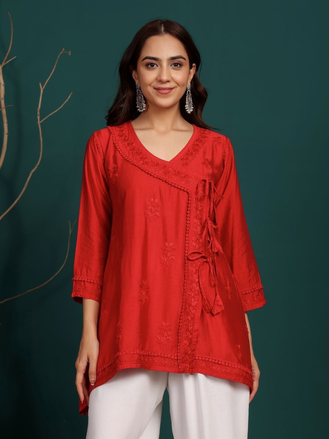 Chowkhat Women Floral Embroidered V-Neck Angrakha Kurti