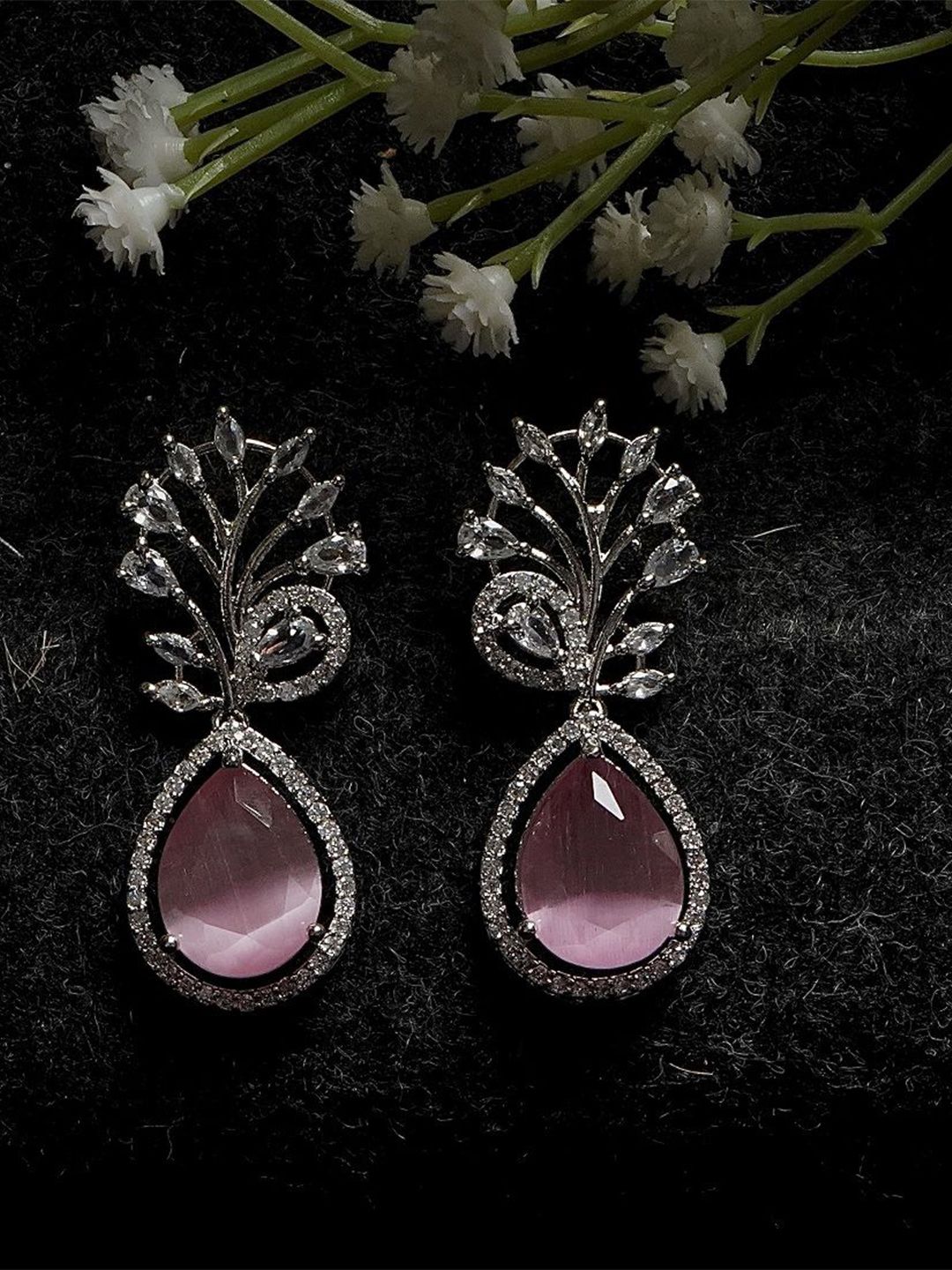 Gemron Jewel Rhodium-Plated American Diamond Studded Teardrop Shaped Drop Earrings