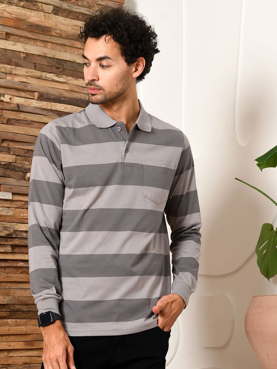 ARBOUR Men Striped Polo Collar Slim Fit T-shirt