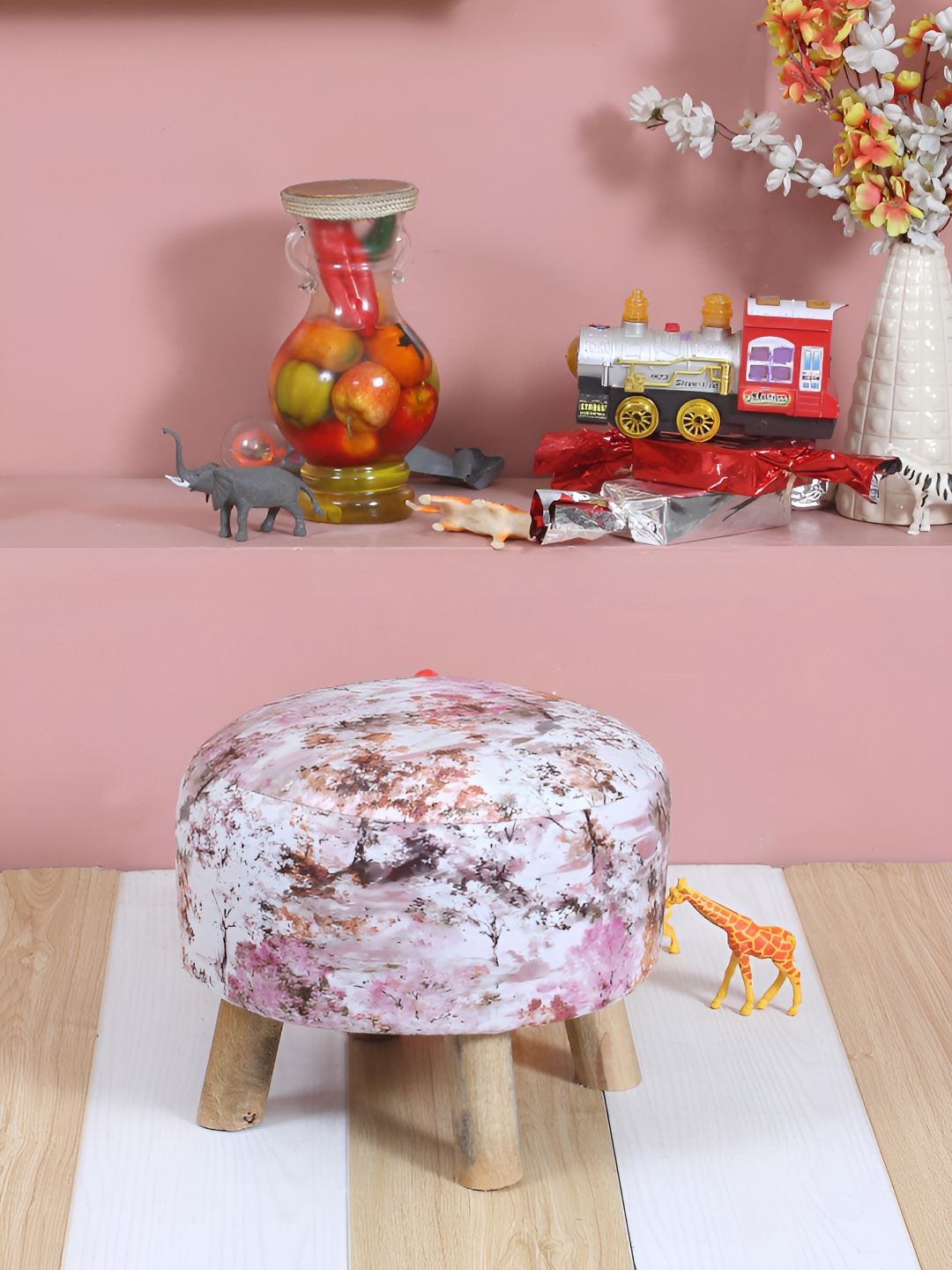Shadowkart Pink Wooden Mudda Pouffe Ottoman
