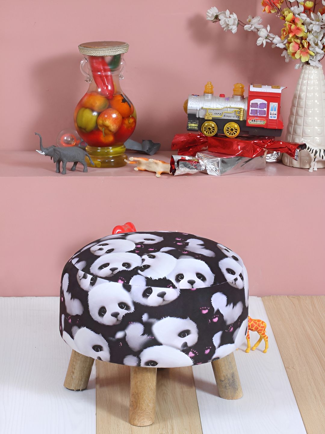 Shadowkart Printed Black Velvet Round Ottomans