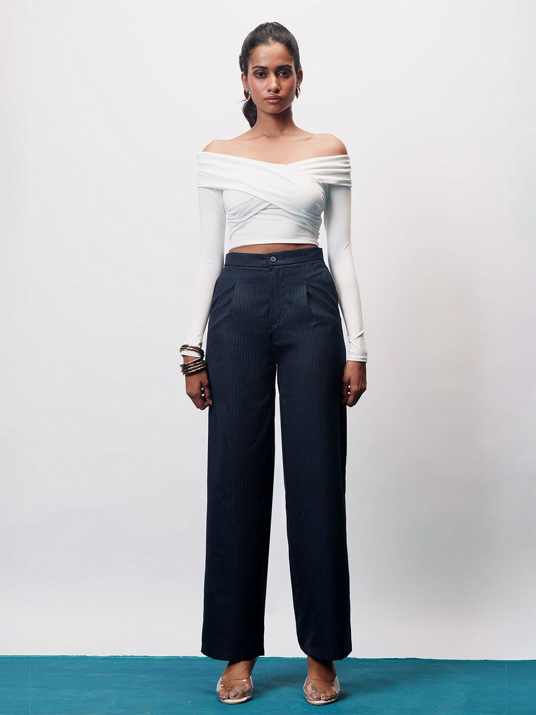 Buy FREAKINS Women Dark Navy Straight Pinstripe Pants - Trousers