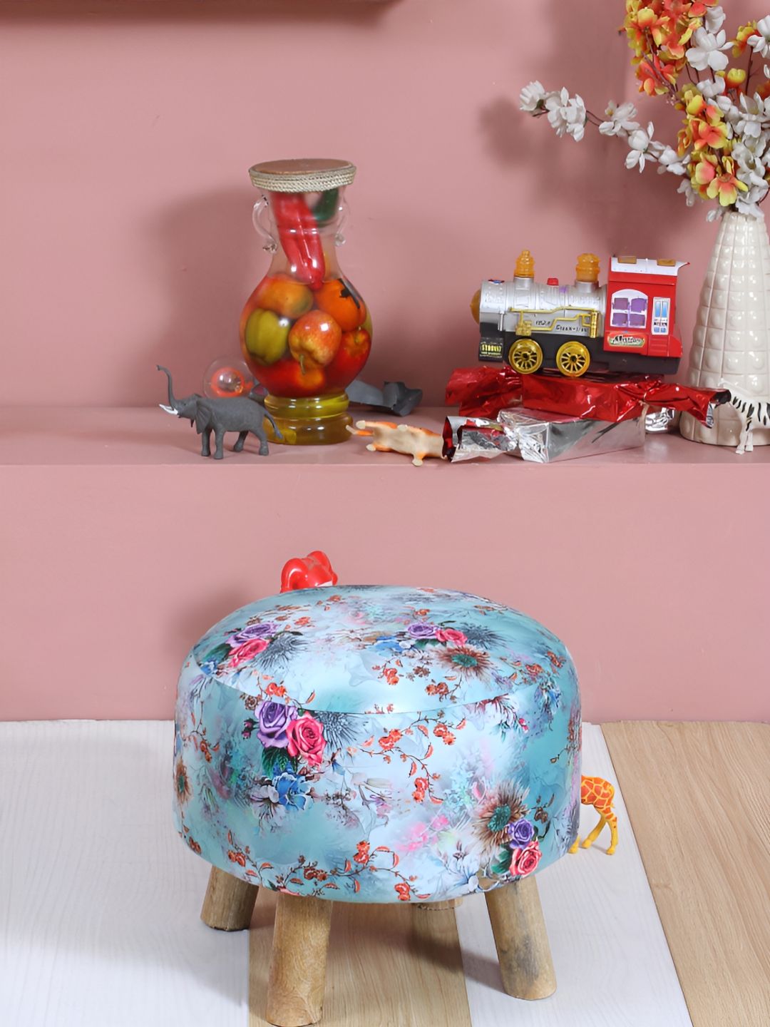 Shadowkart Blue & Pink Floral Printed Wooden Round Shaped Ottomans