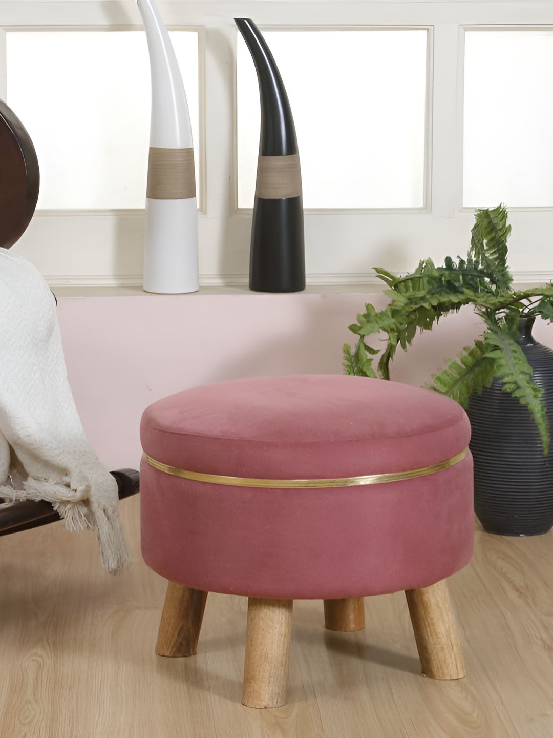 Shadowkart Burgundy Wooden Pouffe Ottoman