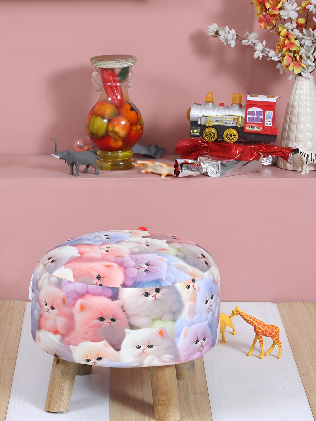 Shadowkart Pink & Blue Wooden Mudda Pouffe Ottoman