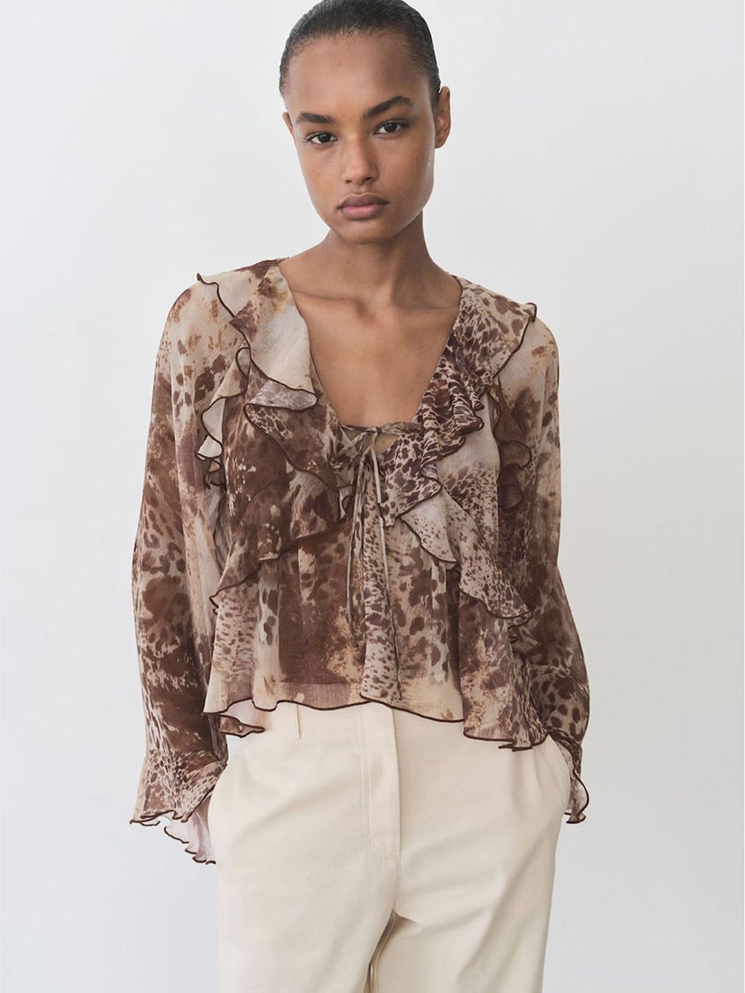 Animal Print Gauze Ruffled Top