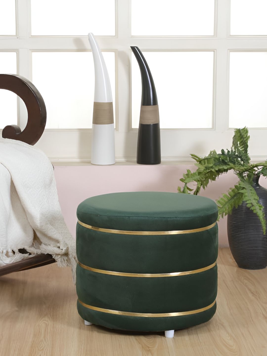 Shadowkart Green Wooden Round Shaped Pouffe Ottomans