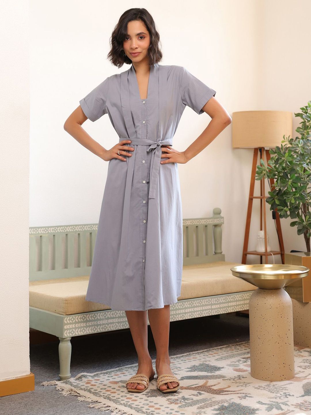 Women Blue Fit and Flare Dress JISORA Women Blue Cotton Fit and Flare Dress