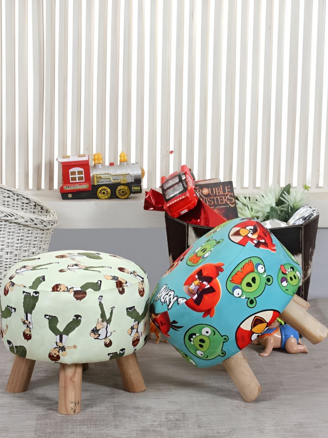 Shadowkart Blue & Red Graphic Printed Wooden Round Shaped Ottomans