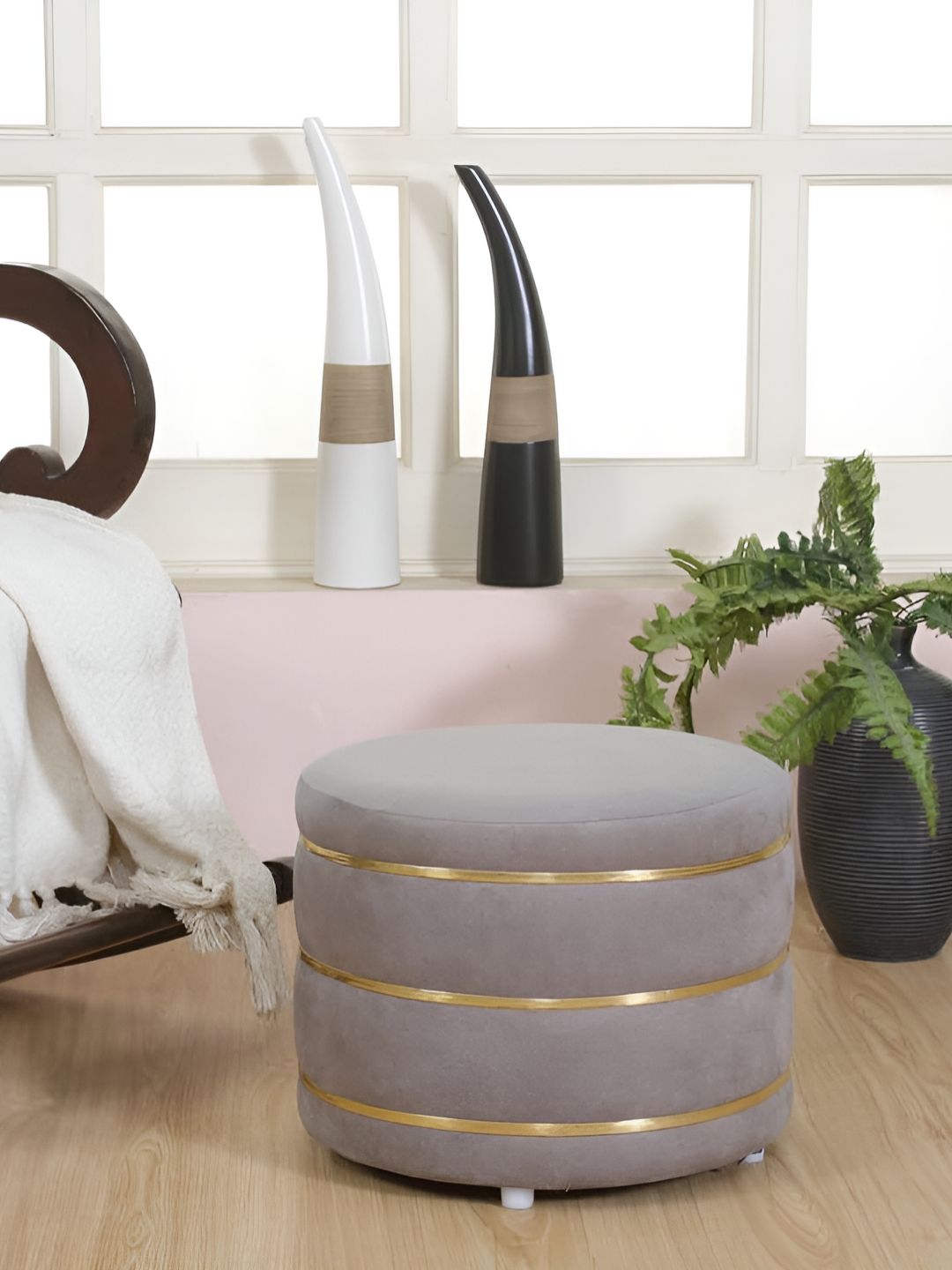 Shadowkart Grey Wooden Round Shaped Pouffe Ottomans