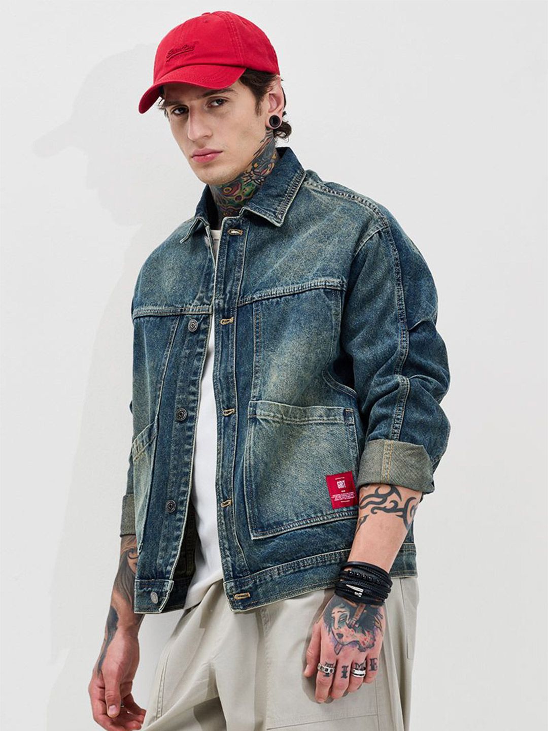 Snitch Dark Blue Self Design Jacket