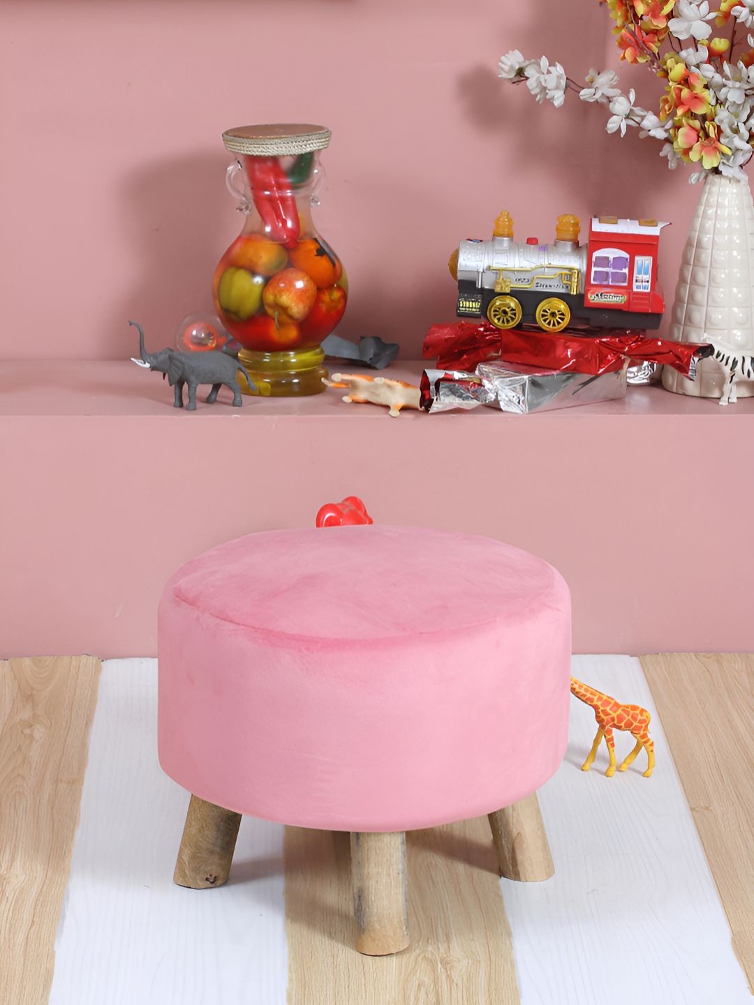 Shadowkart Pink Wooden Pouffe Ottoman