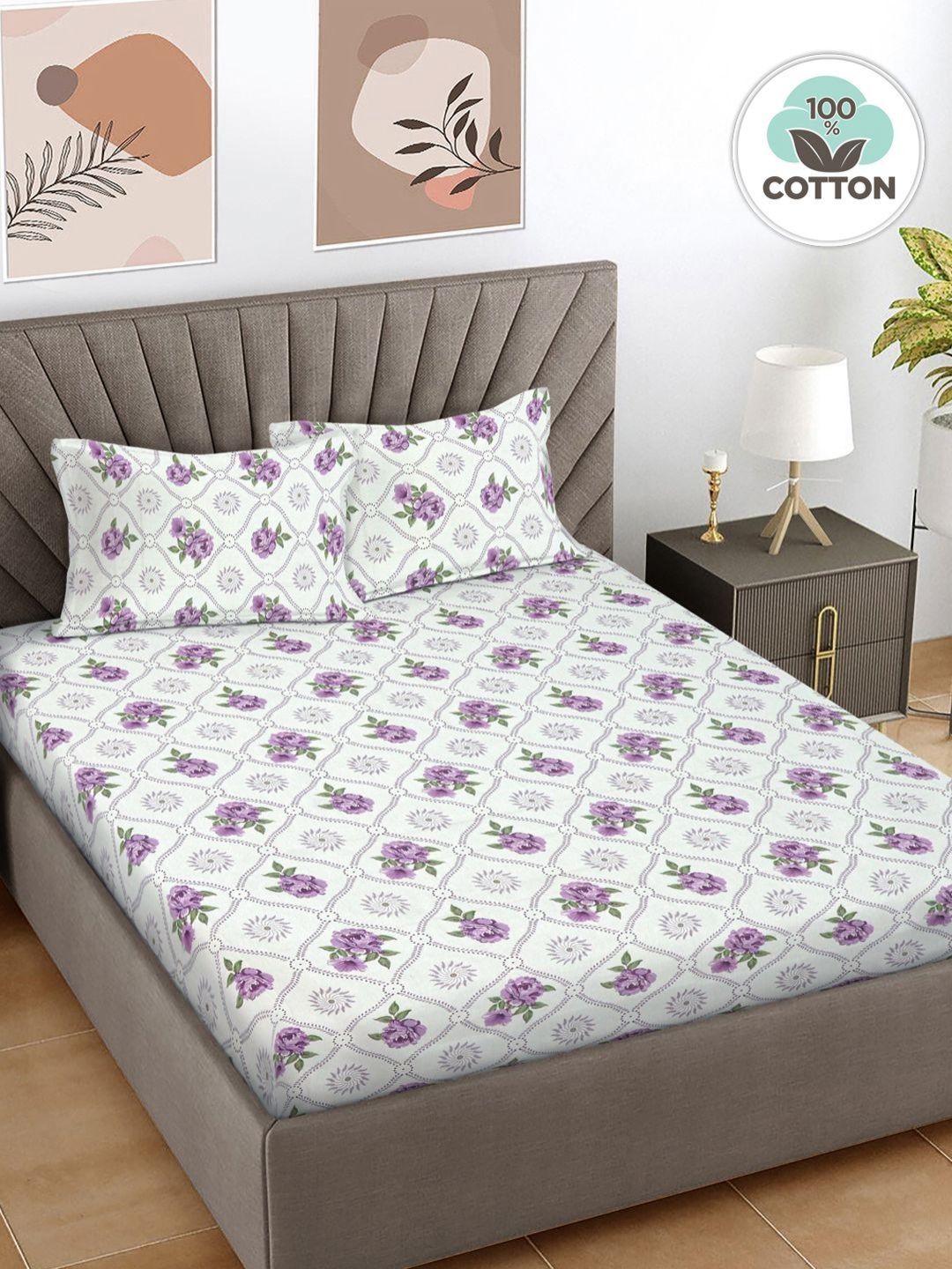 Myntra Elegant Homes Myntra Elegant Homes Purple Floral Pure Cotton Skin-Friendly 300 TC King Superfine Bedsheet with 2 Pillow Covers-98 x 89 inches
