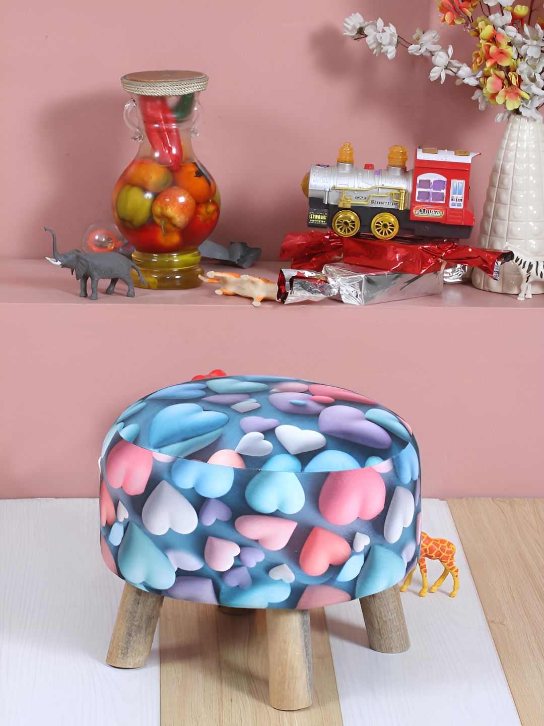 Shadowkart Pink & Blue Graphic Printed Wooden Round Shaped Ottomans