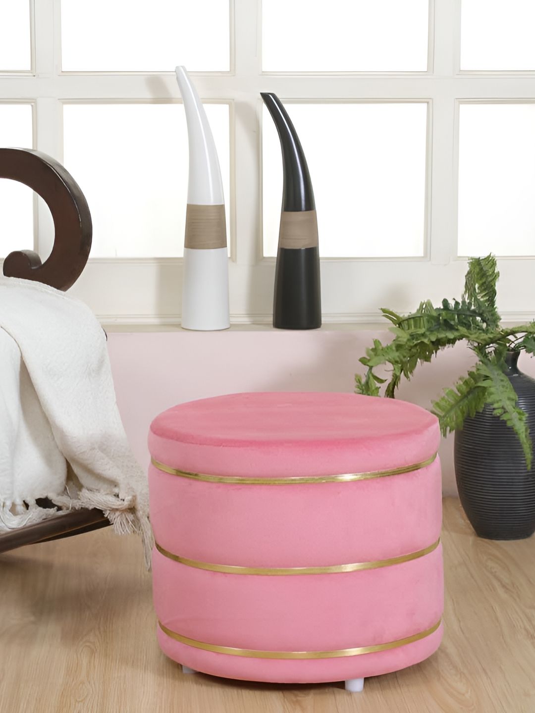 Shadowkart Pink Wooden Round Shaped Ottomans