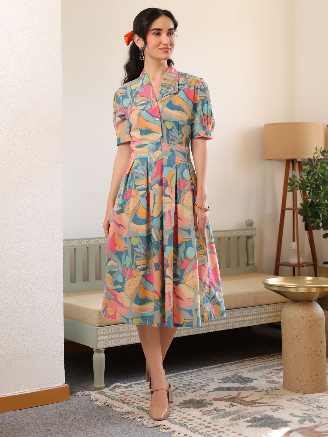 Printed Cotton Flex Dress JISORA Women's Blue Printed Cotton Flex Dress